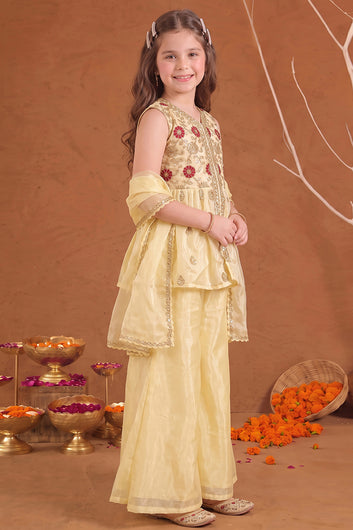 Girls Off white Embroidered Kurta and Palazzo With Dupatta Set For Ethnic Wear
