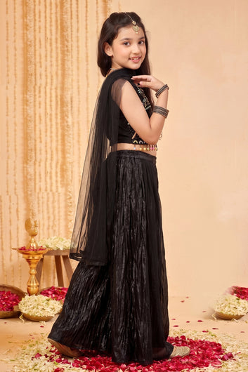 Girls Black Silk Blend Party Wear Sequin Embroidered 3 Picec Palazzo Set - Crop Top, Flared Palazzo & Dupatta