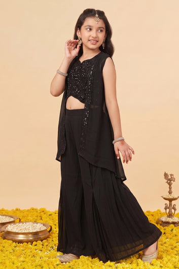 Girls Black Silk Blend Sequin Bead Embroidered Crop Top and Palazzo With Shrug Ethnic Set