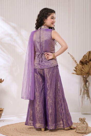 Girls Purple Silk Blend Top And Palazzo With Dupatta Set For Ethnic Wear