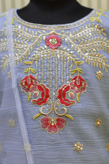 Girls Sky Blue Silk Blend Embroidered Salwar Suit Set with Dupatta