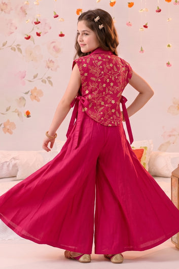 Girls Pink Silk Blend Floral Embroidered Crop Top Inner and Jacket with Palazzo For Ethnic Look