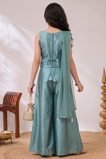 Girls Olive Silk Blend Sequin Bead Work Crop Top and Palazzo With Dupatta Set For Girls