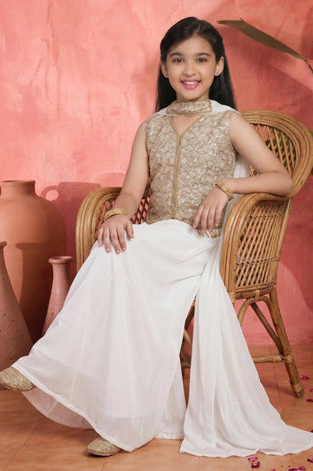 Girls Off White Georgette Crop Top And Palazzo With Dupatta For Trendy Look
