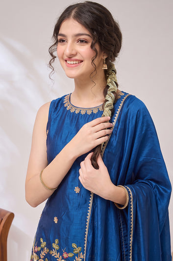 Girls Rust Silk Blend Embroidered Kurta and Palazzo With Dupatta Set For Party Wear