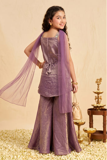 Girls-Purple Silk Blend Sequin Bead Work Top and Palazzo With Dupatta Set For Traditional Outfit