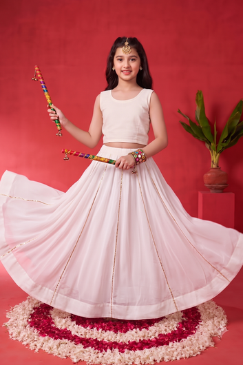 Girls Off white Silk Blend Embellished Lehenga and Choli with Inner Top for traditional Look