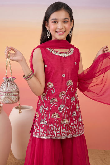 Girls Rani Silk Blend Floral Sequin Bead Work Embroidered Kurta and Palazzo With Dupatta For Festive Wear