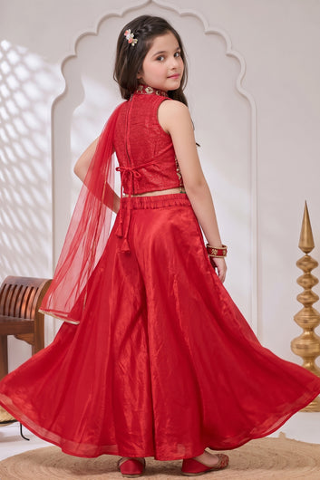 Girls Rani Silk Blend Embroidered Crop Top and Palazzo with Dupatta Set For Festive Wear