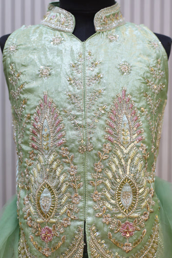 Girls pista Silk Blend Bead work and Embroidered Top and Palazzo with Dupatta Ethnic Set