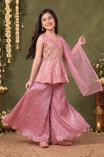 Girls Lavender Silk Blend Ethnic Wear Palazzo Set with Sequin Bead Embroidery Work - Peplum Kurta, Flared Palazzo & Dupatta