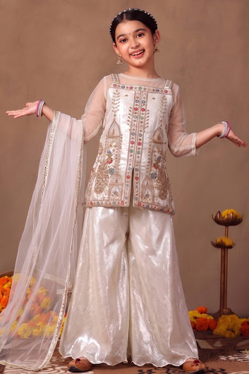 Girls White Silk Blend Bead work and Embroidered Top and Palazzo with Dupatta Girls Indo Western Set