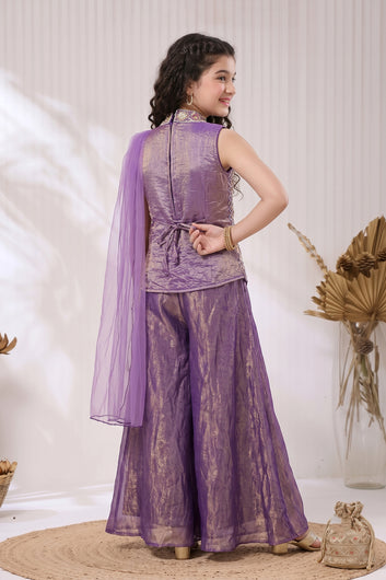 Girls Purple Silk Blend Top And Palazzo With Dupatta Set For Ethnic Wear