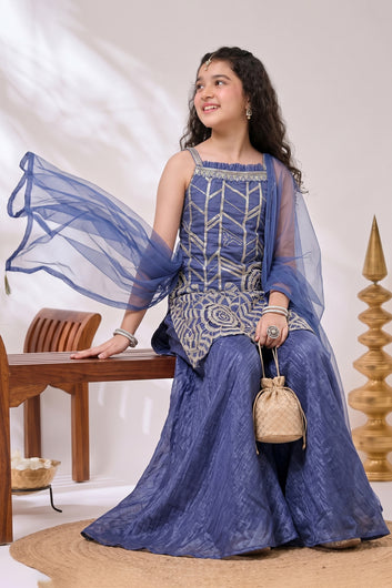 Girls Navy Blue Silk Blend Sequin Cut Work Embroidered Kurta, Flared Palazzo And Top Inner With Dupatta Set For Festival Outfit