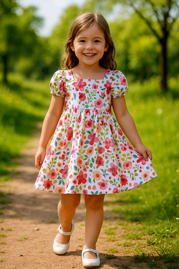 Girls Multicolor Cotton Blend Knee Length Floral Printed Fit and Flared Casual Dress