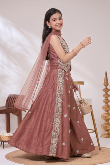 Girls Rust Silk Blend Sequin Bead Work Crop Top and Palazzo With Dupatta Set For Festive Wear