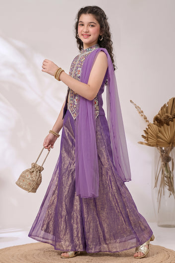 Girls Purple Silk Blend Top And Palazzo With Dupatta Set For Ethnic Wear
