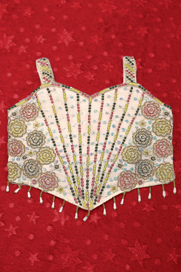Girls Off White Silk Blend Bead Work Embroidered Crop Top And Palazzo with Inner Top & Dupatta Set For Traditional Look