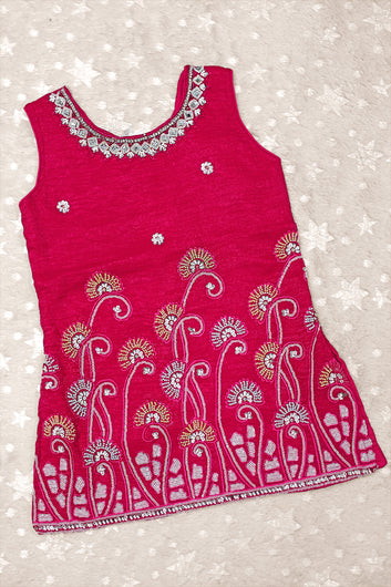 Girls Rani Silk Blend Floral Sequin Bead Work Embroidered Kurta and Palazzo With Dupatta For Festive Wear
