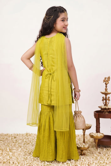 Girls Yellow Silk Blend Floral Embroidered Crop Top and Sharara With Dupatta Set For Trendy Look