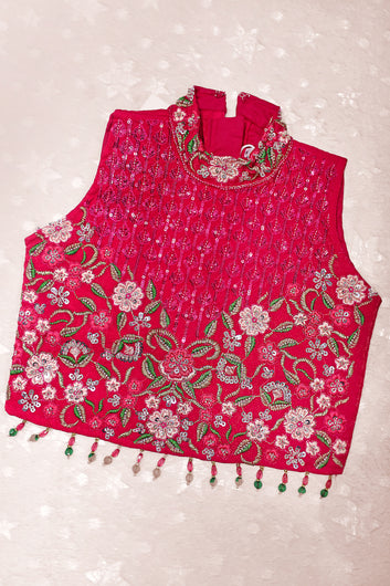 Girls Rani Silk Blend Sequin Embroidered Crop Top and Palazzo With Dupatta Set For Indian Outfit