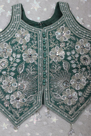 Girls Olive Silk Blend Sequin Bead Work Crop Top and Palazzo With Dupatta Set For Girls