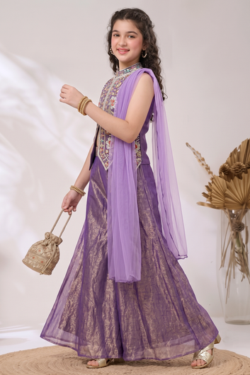 Girls Purple Silk Blend Top And Palazzo With Dupatta Set For Ethnic Wear