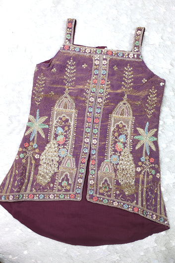 Girls-Purple Silk Blend Sequin Bead Work Top and Palazzo With Dupatta Set For Traditional Outfit
