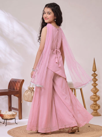 Girls Light pink Georgette Sequin Embroidered Cut Work Top and Palazzo With Dupatta Set Traditional Outfit For Girls