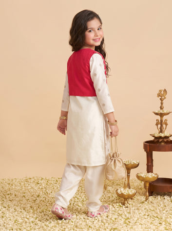 Girls Off White Silk Blend Embroidered Kurta with Koti and Pyjama Ethnic Set