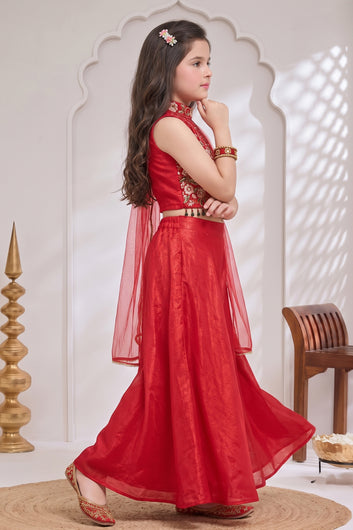 Girls Rani Silk Blend Embroidered Crop Top and Palazzo with Dupatta Set For Festive Wear