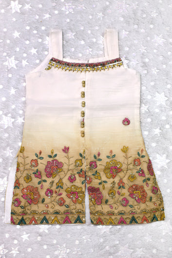 Girls White Silk Blend Sequin Embroidered Kurta and Palazzo with Inner Top, Dupatta Set For Festive Wear