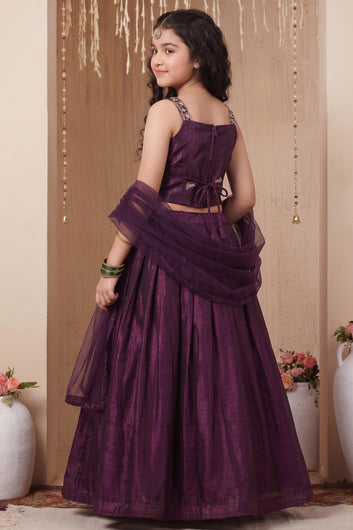 Girls Purple Silk Blend Embroidered Lehenga and Choli with Net Dupatta Kids Festive Wear
