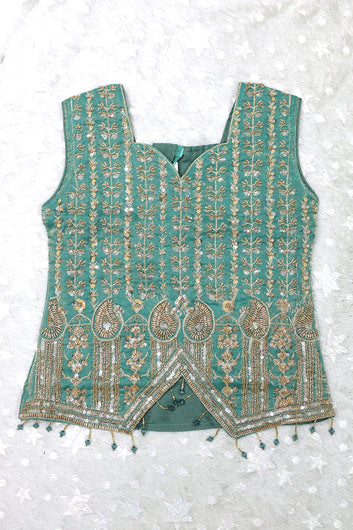Girls Olive Silk Blend Sequin Bead Work Crop Top and Palazzo With Dupatta Set For Ethnic Outfit
