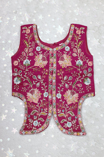 Girls Rani Silk Blend Floral Sequin Embroidered Crop Top and Palazzo With Dupatta Set For Ethnic Look