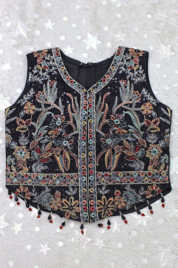 Girls Black Silk Blend Sequin Embroidered Crop Top and Palazzo with Dupatta Set For Traditional Wear