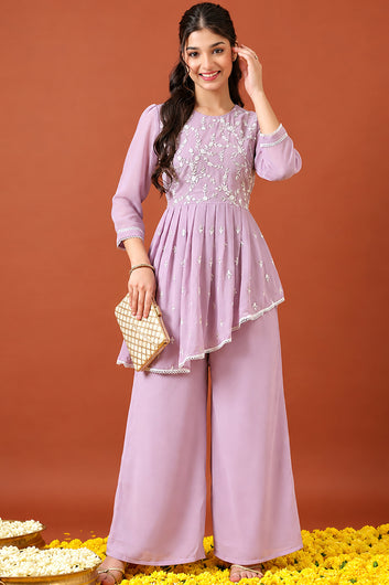 Girls Lavender Georgette Embroidered Fit & Flare Kurta and Palazzo Set