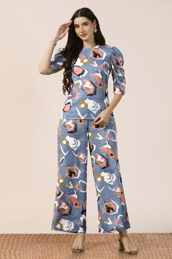 Womens Grey Cotton Blend Abstract Printed co-ord Sets