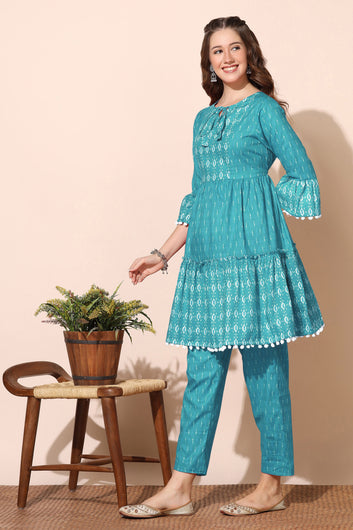 Womens Turquoise Cotton Blend Printed Tiered Kurta With Trouser Set