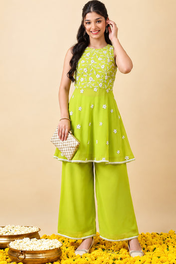 Girls Lime Fox Georgette Embroidered Knee Length Peplum Kurta With Sharara Set