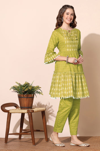 Womens Olive Cotton Blend Printed Tiered Kurta With Trouser Set