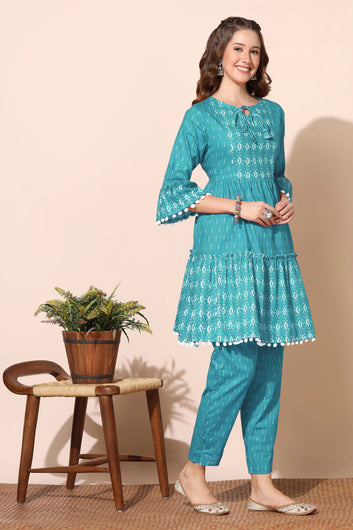 Womens Turquoise Cotton Blend Printed Tiered Kurta With Trouser Set