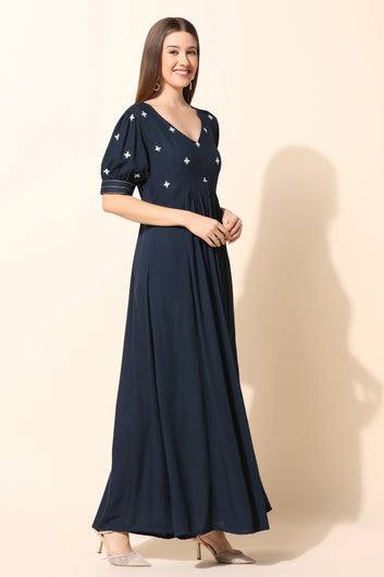 Women’s Blue Rayon Embroidered Empire Dress