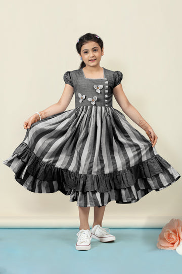 Girls Black Cotton Stripe Printed Fit & Flare Calf Length Dress