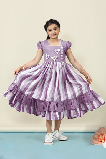 Girls Purple Cotton Stripe Printed Fit & Flare Calf Length Dress