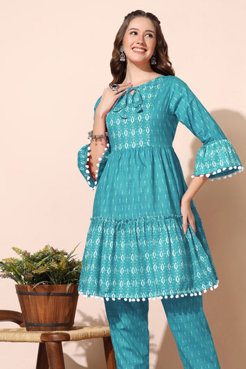 Womens Turquoise Cotton Blend Printed Tiered Kurta With Trouser Set