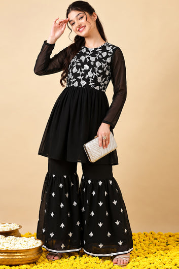Girls Black Georgette Embroidered Peplum Style Kurta and Sharara Set
