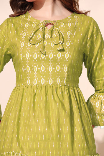 Womens Olive Cotton Blend Printed Tiered Kurta With Trouser Set