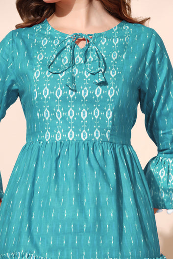 Womens Turquoise Cotton Blend Printed Tiered Kurta With Trouser Set