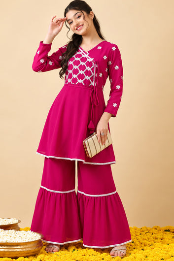 Girls Rani Georgette Embroidered Knee Length A-Line Kurta With Sharara Set